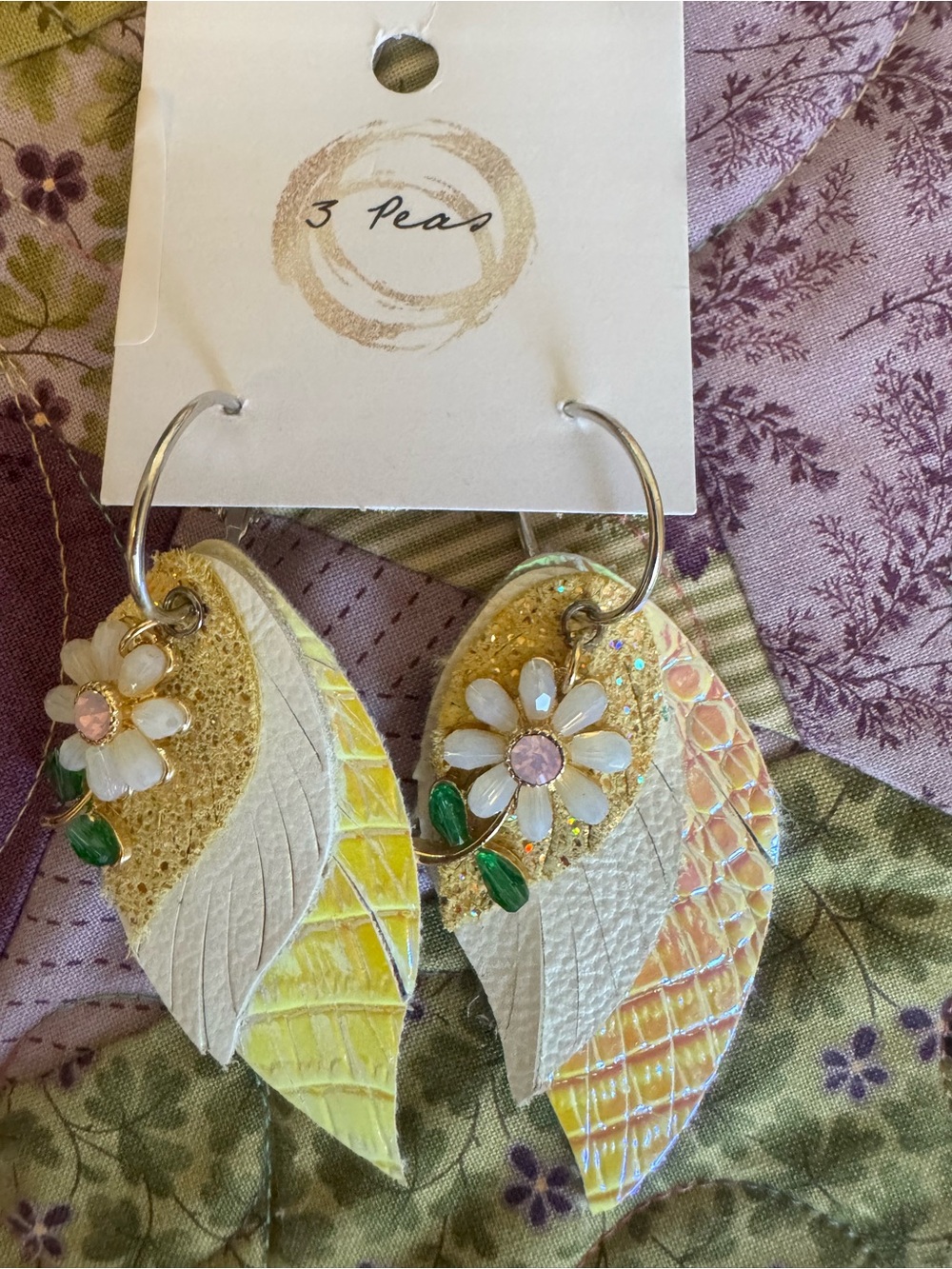 Gold Floral Leaf Hoop Earrings with Yellow & White Accents